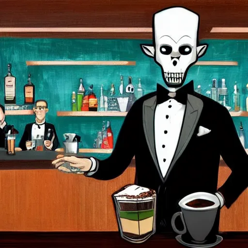 Image similar to Wendigo in a tuxedo suit as a barista in a bar, digital art, illustration, oil on canvas, trending on Artstation