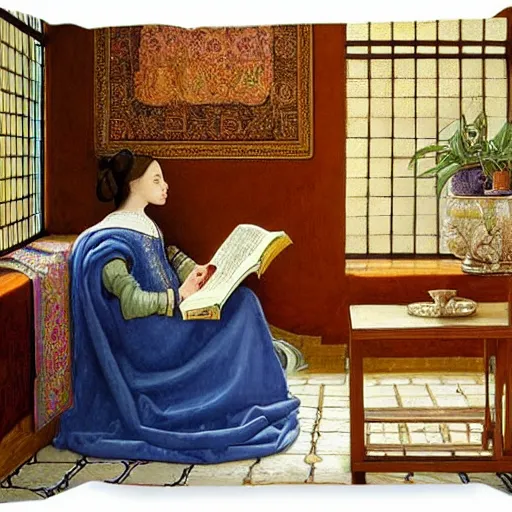 Prompt: a highly detailed fantasy pastel oil painting of a young wizard in ornate clothing lounging on a purpur pillow on the marble floor in front of her bookcase, studying an ancient tome. to the side is a potted plant and some blue candles. ancient oriental fantasy setting. in the style vermeer and mark tedin