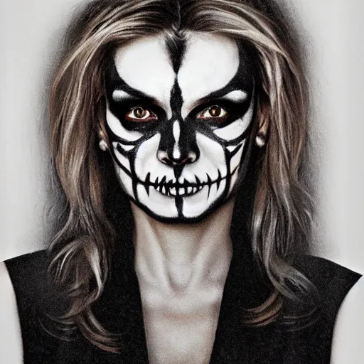 Prompt: portrait of michelle pfeiffer as a witch wearing skull facepaint