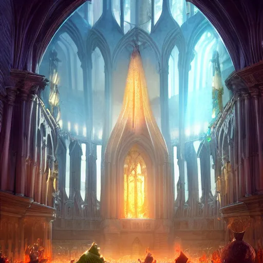 Prompt: a giant carrot worshipped by hundreds in a huge cathedral with golden ray traced light by WLOP and tony sart, god rays, fantasy art, 4k, HDR, photorealistic, 8k, trending on artstation