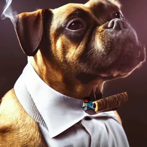 Image similar to a high detail closeup photograph of a dog wearing a suit 👔,and smoking a cigarrette🚬, award wining photograph