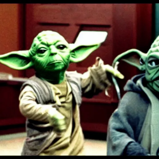 Prompt: A still of Yoda’s first day at school. Holding a Star Wars lunch pail .