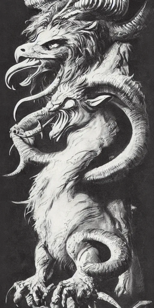 Image similar to a creature with the body and eyes of a man, with the beak of an eagle, the mane of a lion, and the horns of an ox. drawn by frank frazetta