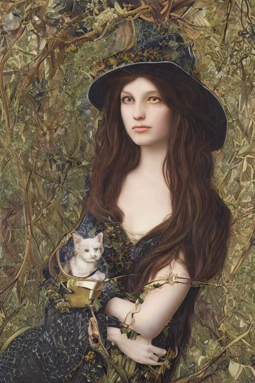 Image similar to An extremely beautiful pre-raphaelite portrait of a cute witch and her cat, surreal, ultradetailed, intricate, elegant, detailed, digital painting, artstation, concept art, smooth, sharp focus, illustration, regal, award winning picture, extremely detailed masterpiece, sense of awe, featured on artstation, Artgerm, effervescent punk kawaii-noir pastel bubbles, winning award piece, ethereal rainbows, Aetherpunk, Exquisite details