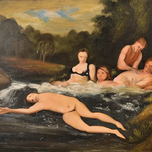 Prompt: The conceptual art depicts four bathers in a stream or river, with two men and two women. The bathers are shown in different positions, with one woman lying down and the other three standing. The conceptual art has a very naturalistic style, with trademark use of bold colors and brushstrokes. The overall effect is one of a peaceful scene, with the bathers enjoying the refreshing water. cool orange by Philip Treacy, by David Burliuk, by Mary Blair