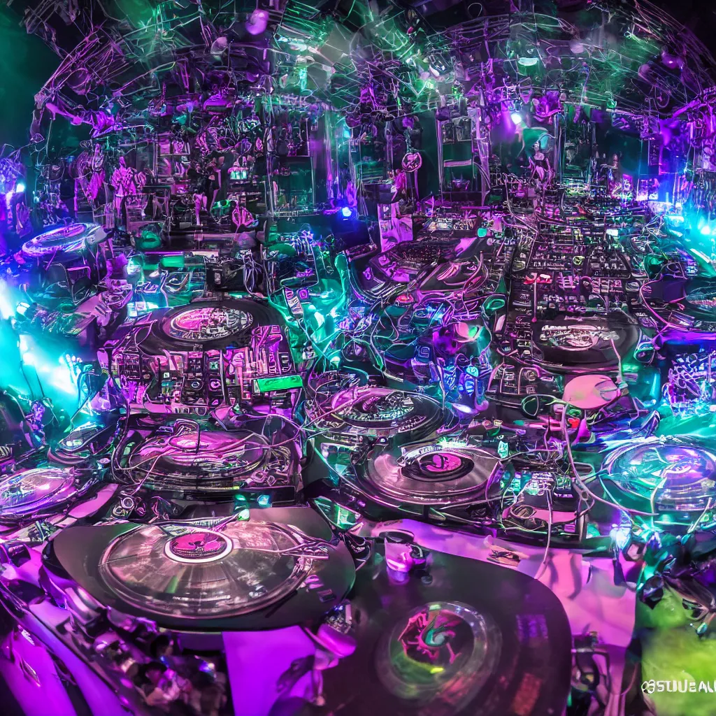 Image similar to award winning photo of an octopus! as a dj with tentacles! simultaneously placed turntables cdjs and knobs of a pioneer dj mixer. sharp, blue and fuschia colorful lighting, in front of a large crowd, studio, medium format, 8 k detail, volumetric lighting, wide angle, at an outdoor psytrance festival main stage at night