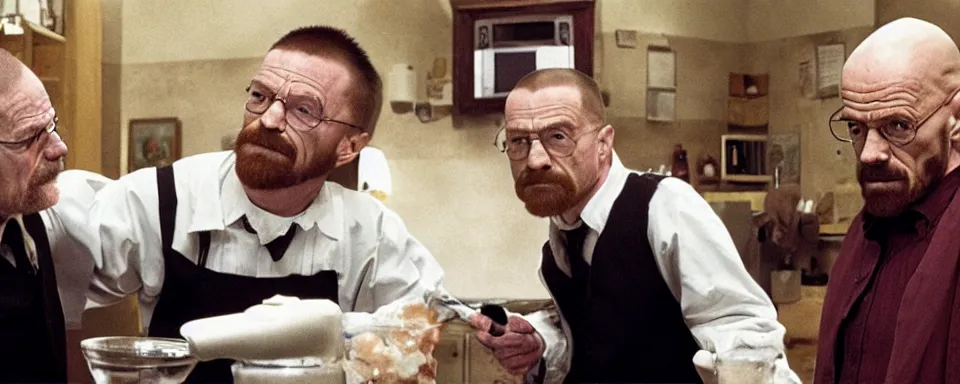 Image similar to walter white teaching harry potter to cook meth, hd, photorealistic, cinematic