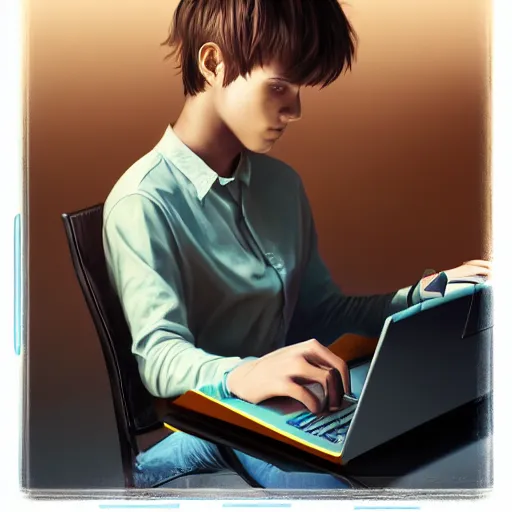 Image similar to realistic teenager using laptop in super tech room, artstation trends, concept art, highly detailed, intricate, sharp focus, digital art, 8 k