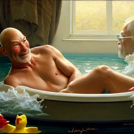 Image similar to fully clothed patrick stewart in a bathtub with a rubber duck, highly detailed painting by gaston bussiere, j. c. leyendecker, greg rutkowski, craig mullins 8 k