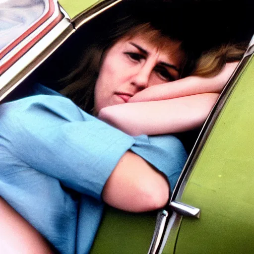 Image similar to a woman laying in the back seat of a car in 1 9 7 4 color