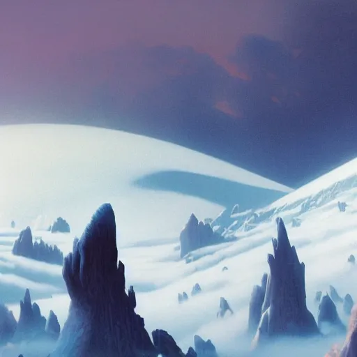 Image similar to Frozen frontiers on an alien planet, floating mountains above clouds in the background, vanishing perspective of a road, ravine, Syd Mead, John Harris, Federico Pelat,