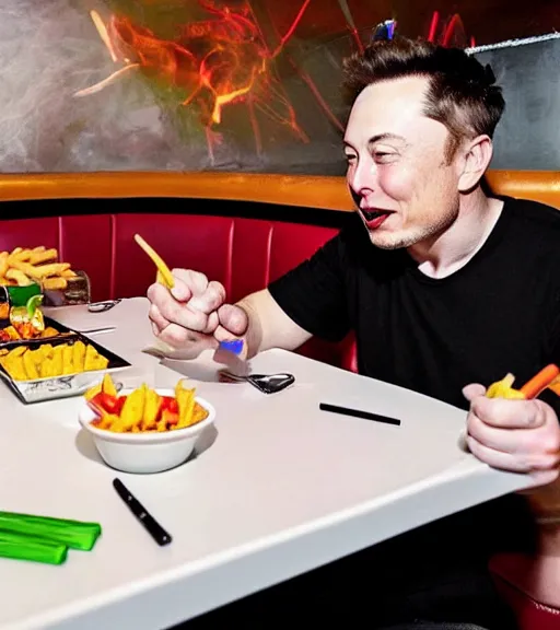 Image similar to an award winning photo of elon musk eating!! crayons!!!!!!, crayons!!!!! as ( ( french ) ) ( ( fries ) ), gourmet restaurant, 4 k, high quality