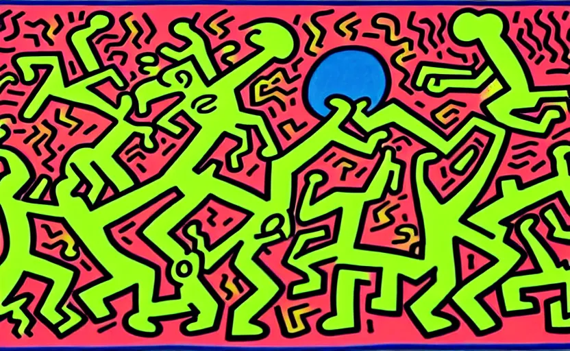 Prompt: highly detailed landscape painting by keith haring, 4k