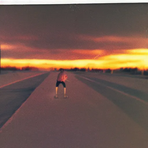 Prompt: Aged polaroid photo of someone skateboarding down a road, sunset lighting, heavy color bleed, film grain