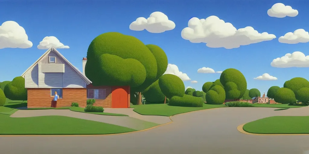 Image similar to homer simpson andthe simpsons house clouds, blue sky, summer evening, kenton nelson