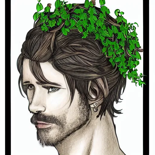 Image similar to male firblog druid with vines as hair flower in his hair detailed drawing