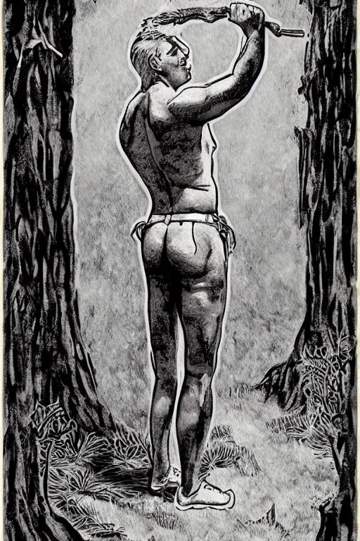 Prompt: a beautiful tarot card of a handsome shirtless cowboy forging a path through the woods, dad bod, mountain, homoerotic, art deco, art nouveau, by Mark Maggiori, trending on artstation