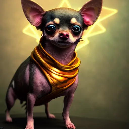 Image similar to an ascended chihuahua living in an extradimensional reality, in the style of wlop, illustration, epic, fantasy, hyper detailed, smooth, unreal engine, sharp focus, ray tracing, physically based rendering, renderman, beautiful