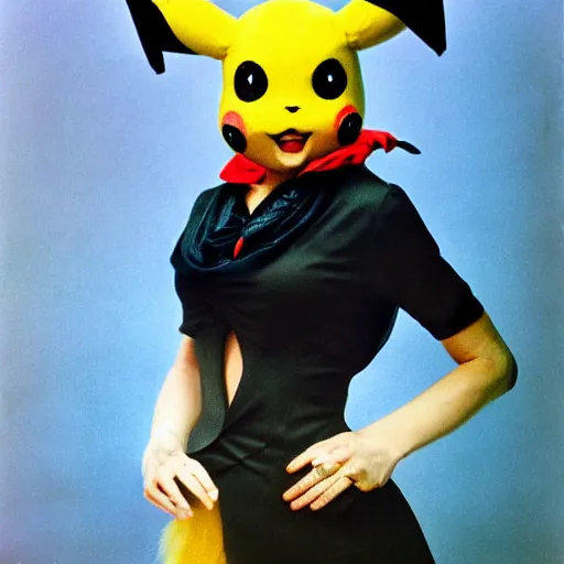 Image similar to elegant woman dressed up as pikachu, art photo by Annie Liebovitz and Alphonse Mucha