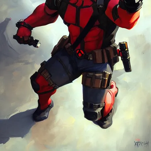 Image similar to greg manchess portrait painting of armored deadpool as overwatch character, medium shot, asymmetrical, profile picture, organic painting, sunny day, matte painting, bold shapes, hard edges, street art, trending on artstation, by huang guangjian and gil elvgren and sachin teng