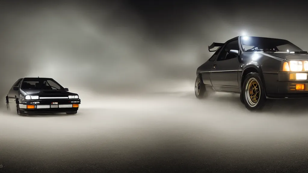 Image similar to a trueno ae 8 6 with pop up headlights, cinematic, long exposure, white balance, 8 k, led, lumen global illumination, fog, ray tracing reflections