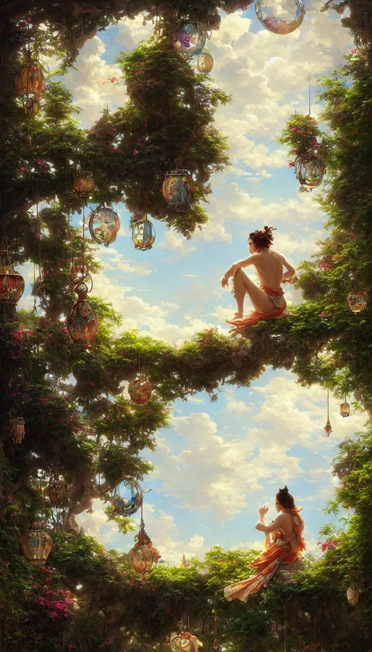 Image similar to wind deity enjoying the view from his stone heavenly palace, decorated with windchimes and paper lanterns, stunning nature and clouds in background, digital art, stanley artgerm lau, greg rutkowski, thomas kindkade, alphonse mucha, loish, norman rockwel