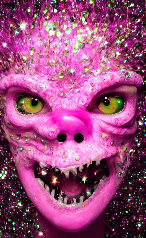 Prompt: face portrait cute saturated pink scary eerie happy ugly creature monster with sparkles and glitter photo 4k