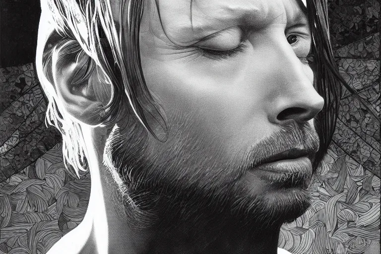 Image similar to hyper realistic portrait of ( thom ) yorke singer songwriter ok computer, side profile, liminal space, by lee bermejo, alphonse mucha and greg rutkowski