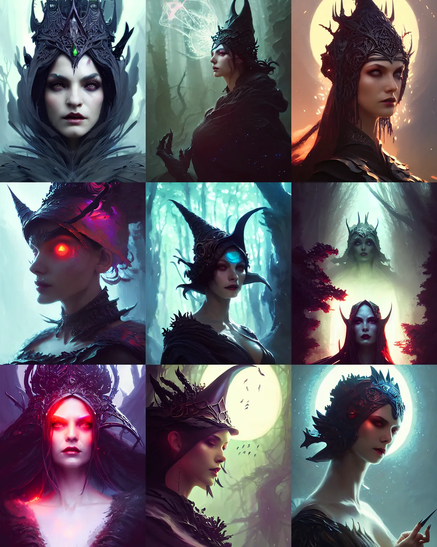 Prompt: large head piece, hot attractive super villain evil sorceress witch, fantasy forest landscape, fantasy magic, dark, intricate, elegant, sharp focus, illustration, highly detailed, digital painting, lens flare, bloom, concept art, matte, art by ruan jia and wlop and greg rutkowski, masterpiece