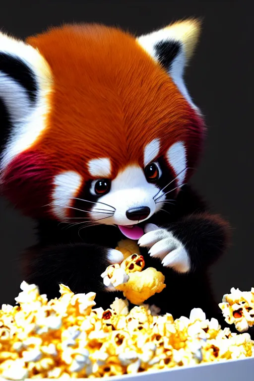 Prompt: high quality 3 d render hyperrealist very cute happy red panda & cat hybrid eating popcorn, vray smooth, detective pikachu, very dramatic light, low angle, uhd 8 k, shallow depth or field