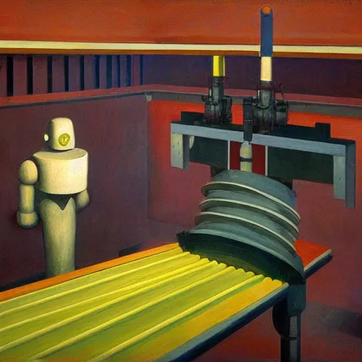 Image similar to power plant reaction chamber, robot repairmen, reactor core, grant wood, pj crook, edward hopper, oil on canvas