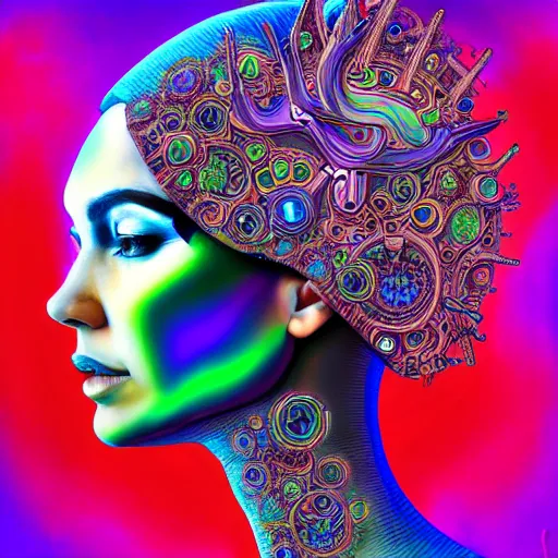 Prompt: extremely psychedelic cyborg queen of lsd. intricate, elegant, highly detailed, photorealistic, digital painting, artstation.