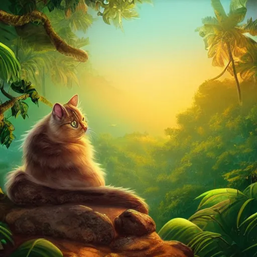 Image similar to a cat seated on a rock in a jungle!, mist, tropical trees, vines, birds, sunset!, fluffy clouds, warm colors, beautiful lighting, digital art, intricate details, trending on artstation