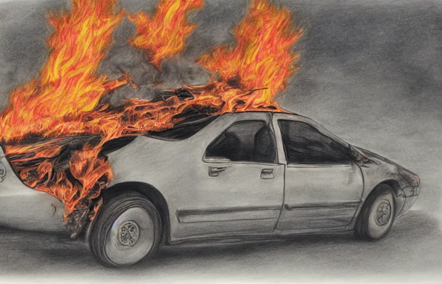 Prompt: car on fire, primitive colored pencil drawing