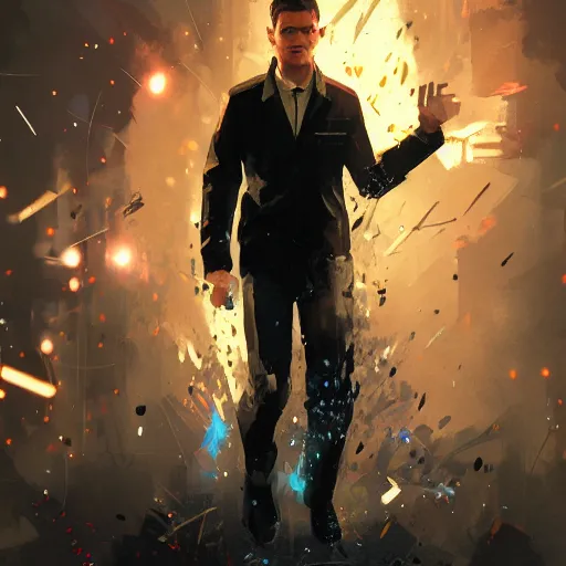 Prompt: connor from detroit become human exploding by greg rutkowski