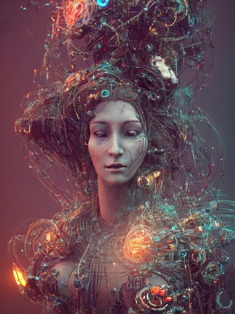 Image similar to an ancient mystical alluring female shaman generating flowing energy and surrounded by wisps of incense smoke sits meditating in a magical cybernetic robot temple, face face face, by android jones and vitaly bulgarov, 3 d, cinema 4 d render, trending on artstation