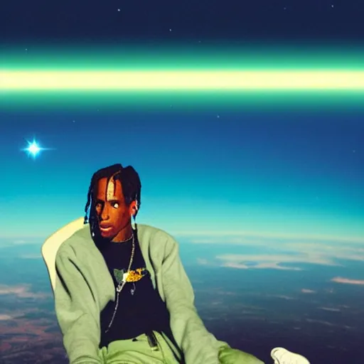 Prompt: Travis Scott sitting over Earth, 4k, Aubrey Powell, vintage photo, lens flare, beautiful cinematography, surreal, film grain