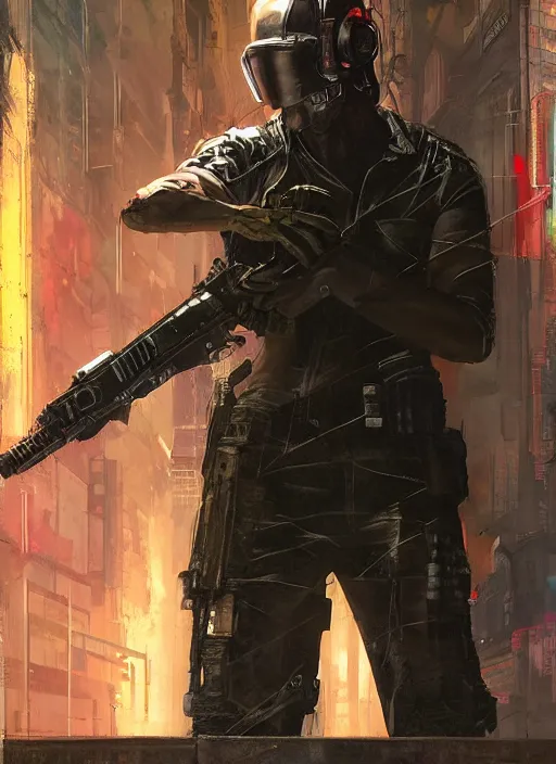 Prompt: Ezra. Cyberpunk mercenary in tactical gear scaling a security fence. rb6s, (Cyberpunk 2077), blade runner 2049, (matrix) Concept art by James Gurney, Craig Mullins and Alphonso Mucha. painting with Vivid color.