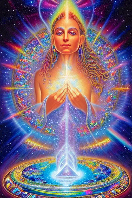 Prompt: a realistic detailed cinematic painting of a beautiful clear glass vibrant consciousness of human evolution, strange miraculous entity reflecting light prism, spiritual enlightenment, manifestation, peace, opal statues adorned in jewels, by david a. hardy, kinkade, lisa frank, wpa, public works mural, socialist