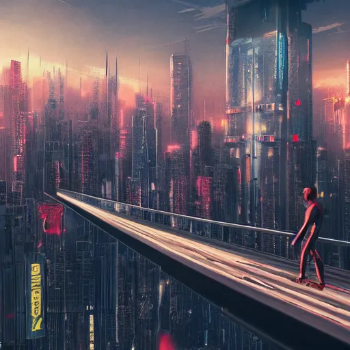 Image similar to a man standing on top of a bridge over a city, cyberpunk art by Vincent Lefevre, behance contest winner, altermodern, cityscape, synthwave, matte painting