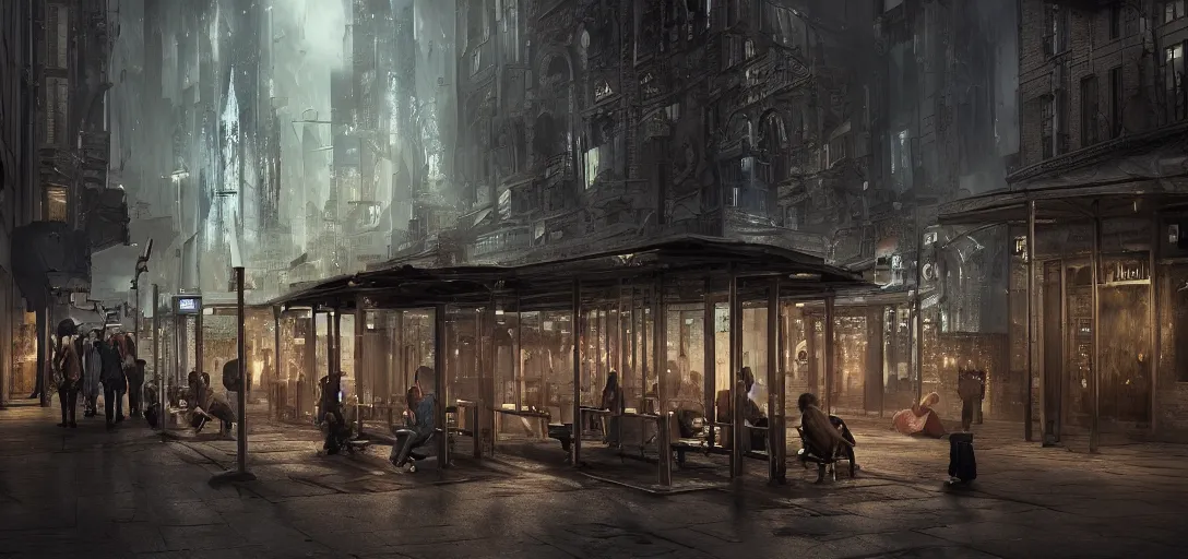 Prompt: some people waiting in a lone bus stop in qiet dark city, hyper detailed, dramatic lighting, cgsociety, realistic, hyper detailed, insane details, intricate, dramatic lighting, hypermaximalist, golden ratio, rule of thirds, octane render, weta digital, micro details, ultra wide angle, artstation trending, 8 k,