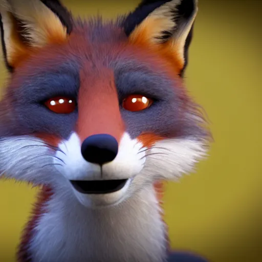 Image similar to handsome fox male wearing a black tuxedo, Pixar animated still, high quality HDR octane render