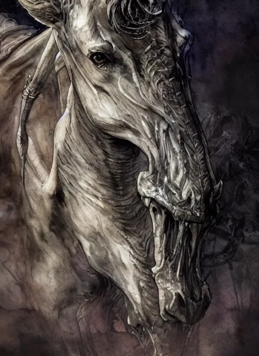 Prompt: portrait, an emaciated starving unicorn, skin and bones, watercolor, dramatic lighting, cinematic, establishing shot, extremely high detail, foto realistic, cinematic lighting, pen and ink, intricate line drawings, by Yoshitaka Amano, Ruan Jia, Kentaro Miura, Artgerm, post processed, concept art, artstation, matte painting, style by eddie mendoza, raphael lacoste, alex ross