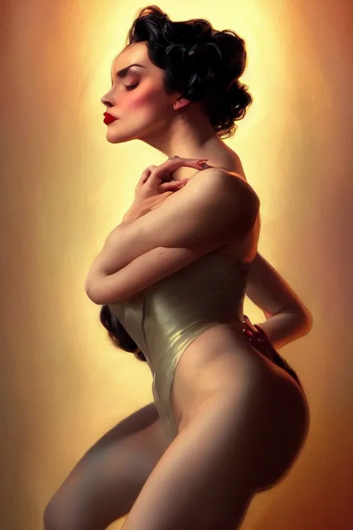 Prompt: a beautiful voluminous woman burlesque dancer on a stage, portrait, highly detailed, digital painting, artstation, concept art, smooth, sharp focus, illustration, cinematic lighting, art by artgerm and greg rutkowski and alphonse mucha