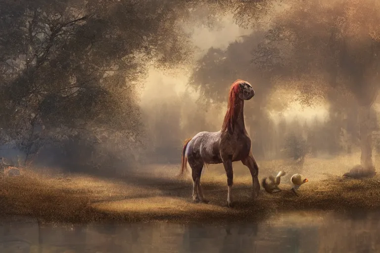 Image similar to a tiny horse standing next to an extremely large duck, the duck is bigger than the horse, evening light, cinematic photography, digital painting, volumetric light, concept art, trending on artstation, digital Art, fantasy art