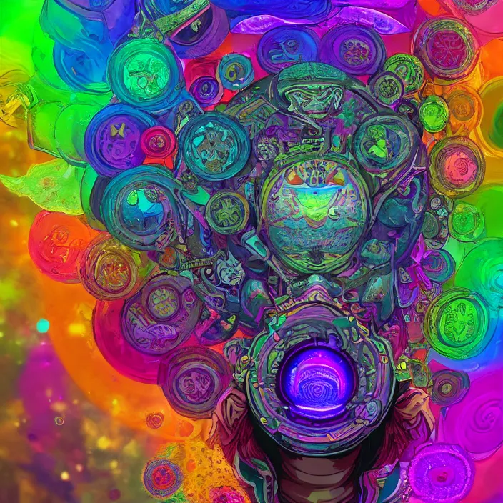 Image similar to portrait of an acid lsd psychedelic all seeing chakra meditation lotus third eye infected with rainbow fungi. intricate abstract. intricate artwork. interdimensional, by Tooth Wu, wlop, beeple, dan mumford. octane render, trending on artstation, greg rutkowski very coherent. cinematic, hyper realism, high detail, octane render, 8k, multicolored accents