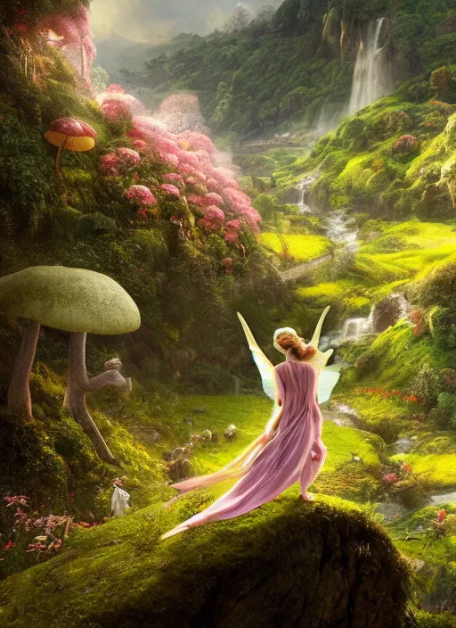 Image similar to an elegant winged fairy flying in the lord of the rings scenery landscape, looking out at a vast lush valley flowers and homes made of mushrooms, stream, sunrise, god's rays highly detailed, vivid color, cinematic lighting, perfect composition, 8 k, gustave dore, derek zabrocki, greg rutkowski, belsinski, octane render