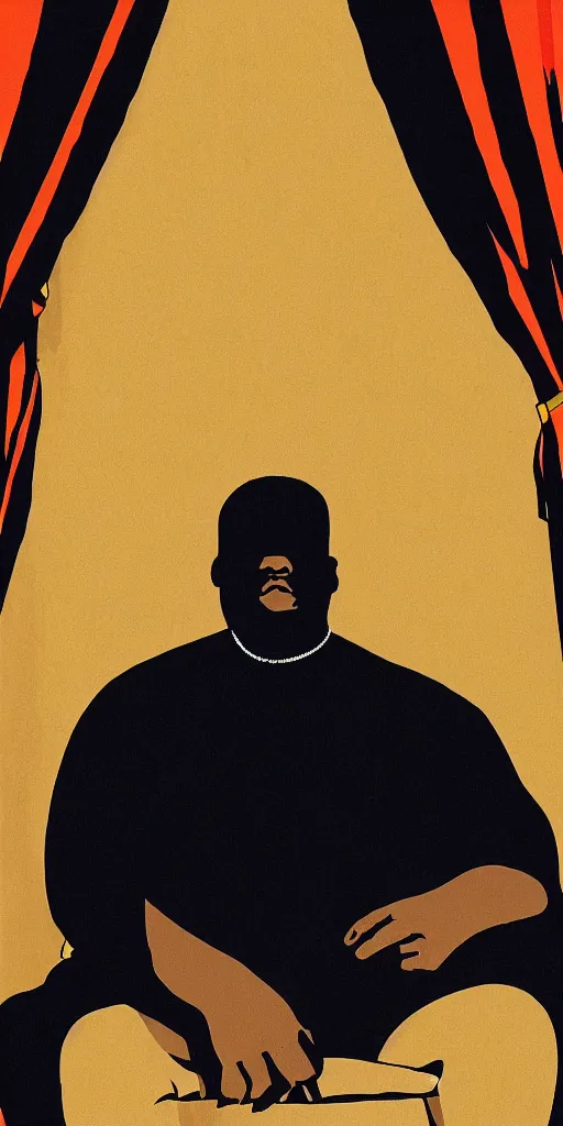 Image similar to style of frank miller, portrait of big black man sitting on throne, background made of big curtains