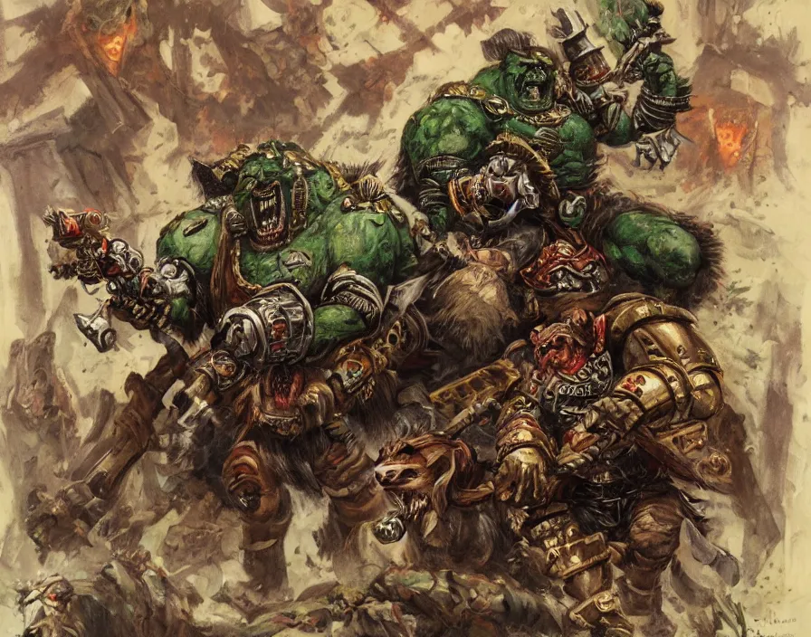 Image similar to Warhammer 40000 portrait of an orc riding a war dachshund by John Blanche