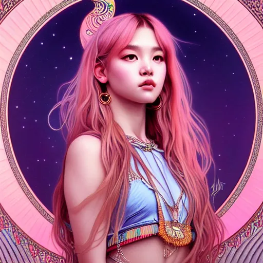 Image similar to portrait of jossi of blackpink, goddess of the moon, highly detailed, digital painting, smooth, sharp focus, illustration, ultra realistic, 8 k, art by artgerm and alphonse mucha